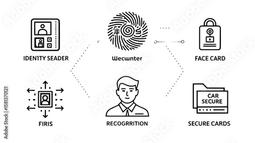 A clean, modern icon set visualizing identity verification technologies. Icons include fingerprint readers, iris scanners, face recognition, ID cards, and secure login methods. Each is designed in sim
