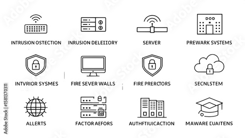 An icon grid displaying modern IT security tools and concepts in a minimal black outline style. Featured icons include intrusion detection systems, firewalls, server protection, malware alerts, and tw