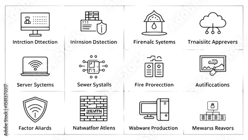 An icon grid displaying modern IT security tools and concepts in a minimal black outline style. Featured icons include intrusion detection systems, firewalls, server protection, malware alerts, and tw
