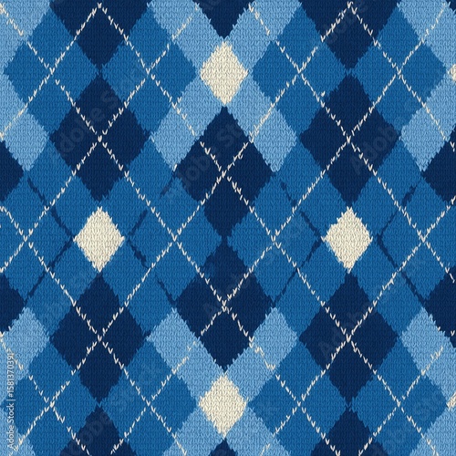 Classic argyle pattern in shades of blue and cream intricately knitted texture seamless fabric background traditional diamond motif