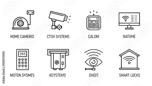 A series of simple line art icons themed around home and office security. The set features CCTV cameras, alarm systems, keypads, safes, motion sensors, and smart locks. Presented in a clean black-outl