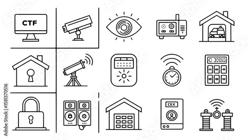 A series of simple line art icons themed around home and office security. The set features CCTV cameras, alarm systems, keypads, safes, motion sensors, and smart locks. Presented in a clean black-outl