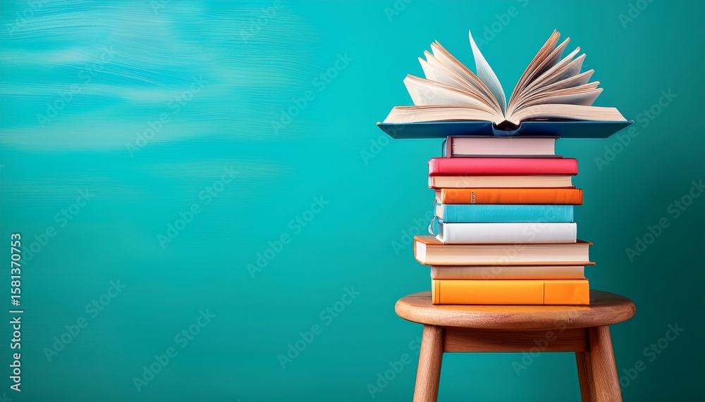 Fototapeta premium a stack of colorful books with festive bokeh lights in the background creating a magical and inspiring atmosphere
