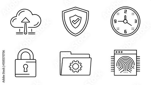 A grid of technical, minimalist line icons representing data protection. Elements include cloud security, data backups, shielded folders, SSL certificates, and biometric scans. The icons are uniform i