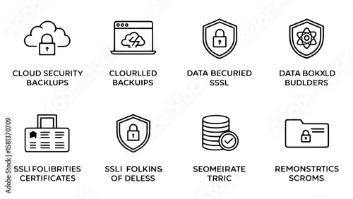 A grid of technical, minimalist line icons representing data protection. Elements include cloud security, data backups, shielded folders, SSL certificates, and biometric scans. The icons are uniform i