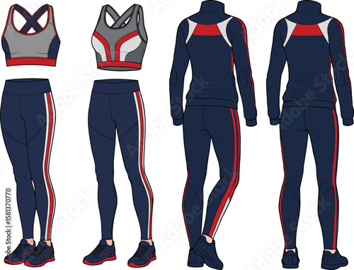 Fashion illustration, sportswear set, tracksuit mockup, racerback sports bra, leggings design, striped pants, technical sketch, athletic wear, stylish outfit, trendy apparel, activewear drawing