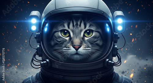 A tabby cat astronaut stares intensely from within a futuristic spacesuit