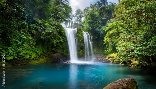 a waterfall is surrounded by lush green trees and plants the water is crystal clear and the mist from the waterfall creates a serene atmosphere the scene is peaceful and calming