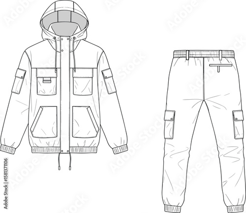 Fashion illustration, cargo pants, winter hoodie, technical drawing, garment sketch, trendy outerwear, streetwear apparel, zipper hoodie, elastic pants, stylish outfit, pocket design, fashion mockup