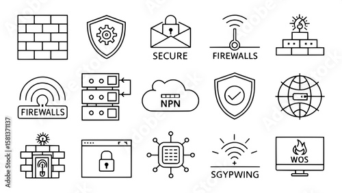 A collection of minimalist black line art icons representing cybersecurity elements. Icons include firewalls, secure connections, phishing alerts, VPN tunnels, and encrypted messages. All icons are ou