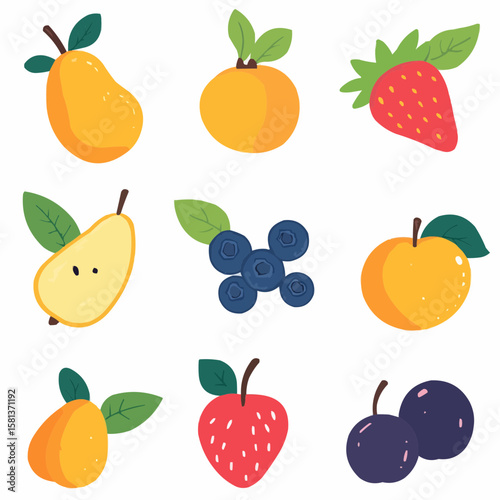 Colorful flat fruit clipart set with six cute items, naive cartoon theme, perfect for DIY printable kits, fruit-themed crafts or preschool visuals