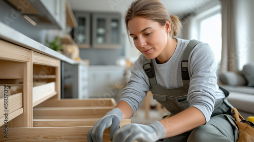 Skilled Female Carpenter Assembling a Modern Kitchen Cabinet. Ideal for use in home renovation blogs, DIY magazines, and advertisements for professional services or gender equality in trades.