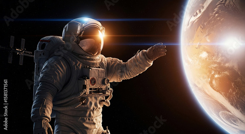 Astronaut reaching towards Earth in space. Exploration and discovery concept. Space station in background