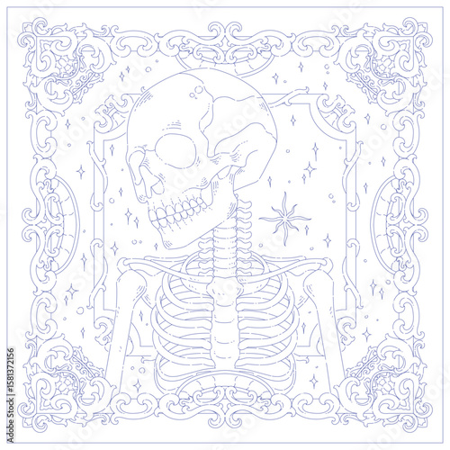 Skeleton Engraving Frame with Sparkle. Vintage Swirl Border and Ornamental Outline Design