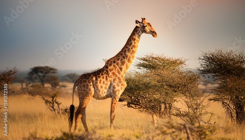 ethereal elegance of giraffe as it gracefully roams its natural abode upon vast savanna its elongated neck reaching towards heavens amidst towering acacia trees while harmoniously coexisting with