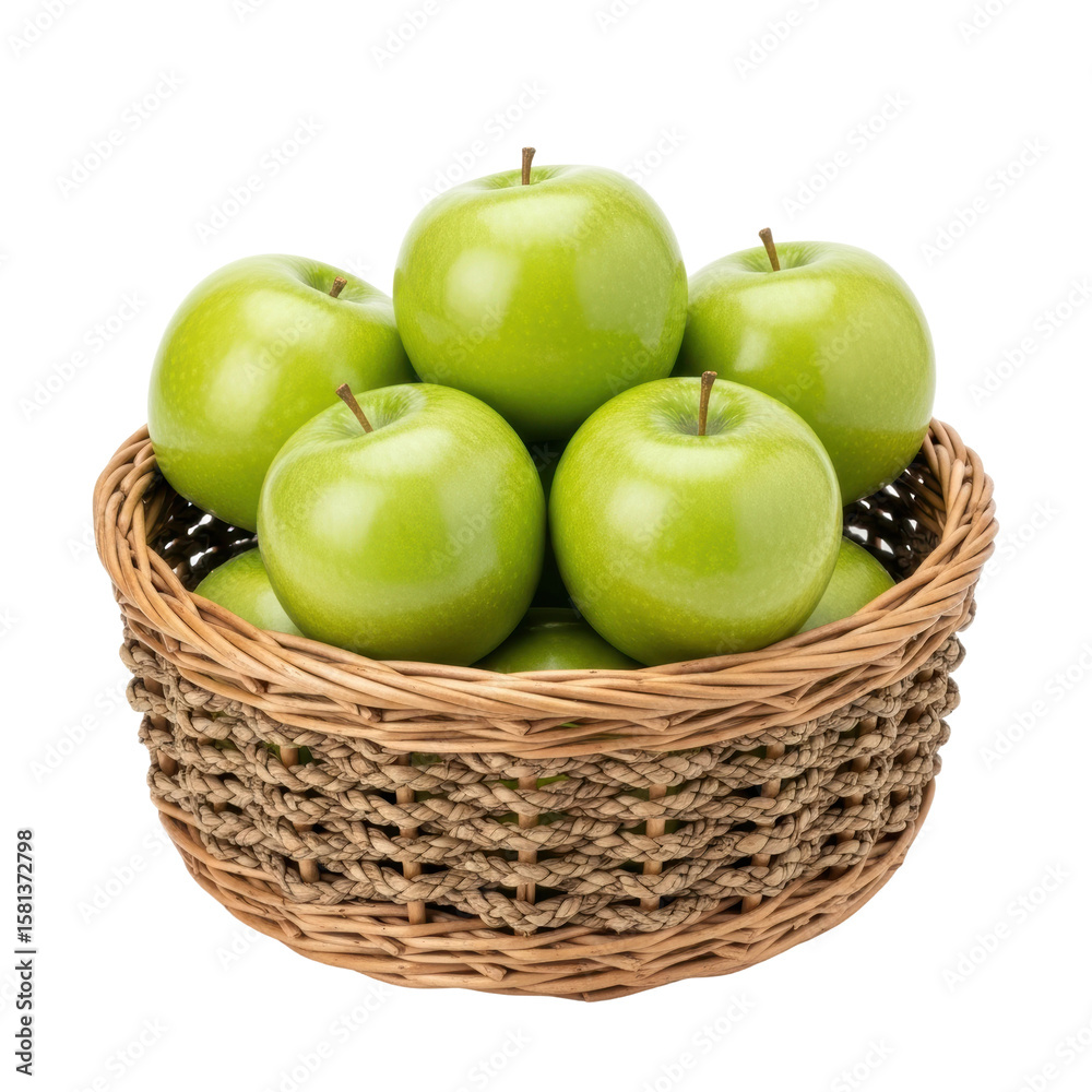 A basket overflowing with fresh, green granny smith apples. Perfect for healthy eating or autumn harvest themes. A basket overflowing with fresh, green granny smith apples. Perfect for healthy eating or autumn harvest themes.