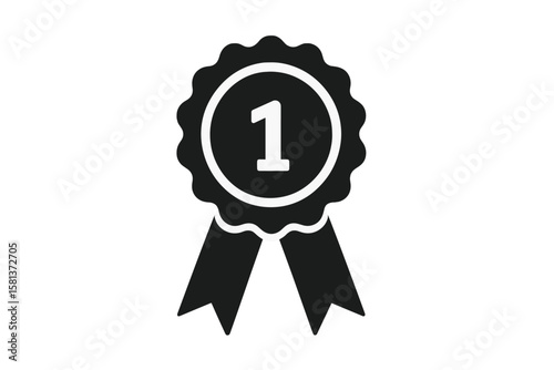 Award icon for first place. Winner medal with number one. Champion prize symbol. Victory and success concept. Best quality seal. Achievement rosette with ribbon. Simple flat vector.