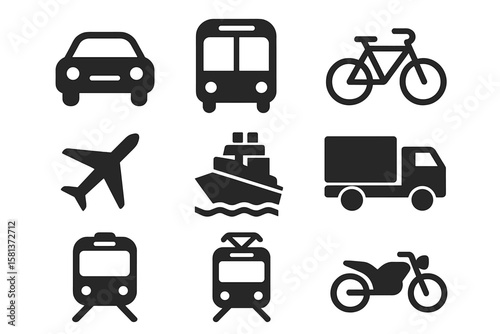 Transport icon set simple flat design. Minimalist glyph silhouette collection for web and mobile. Car, bus, bike, plane, ship, truck, train, tram, motorcycle vector icons.