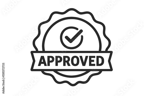 Approved or certified badge icon. Verification checkmark stamp. Official certification label. Guaranteed quality symbol. Validated approval emblem. Recommendation sign. Vector graphic