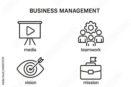 Business management icons set of 4 in line style, media, teamwork, vision, mission, management and planning symbols for web & mobile app design, strategy and business concept