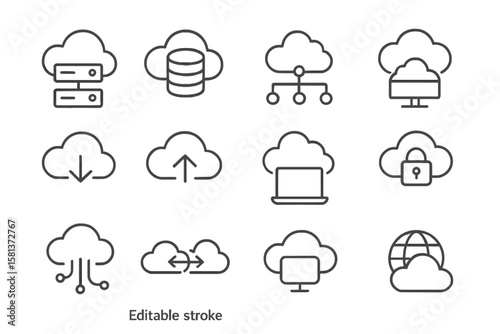 Cloud computing icon set. Big data, database and server line icons. Network technology, hosting, security pictogram collection. Editable stroke vector graphic for web and app UI.