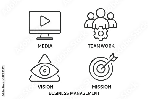 Business Management vector icon set. 4 line style web icons: media, teamwork, vision, mission. Ideal for corporate business planning, strategy, web and mobile app design.