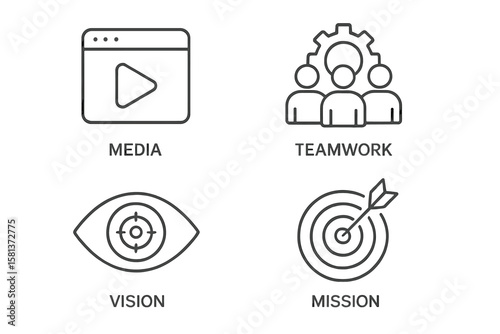 Business management set of 4 web icons in line style, media, teamwork, vision, mission, business planning and strategy icons for web and mobile app, vector line art design