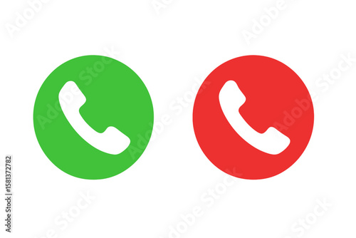 Green and red phone call icons for mobile app UI. Incoming and outgoing call buttons. Telephone symbol for accept and reject call. Communication interface vector on dark background