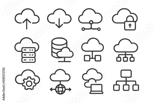 Cloud computing web icon set in line style. Collection of cloud service and network linear icons, including server, database, technology, networking, download, upload, security