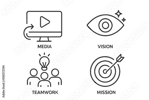 Business management set of 4 web icons in line style. Media, teamwork, vision, mission icons for business planning, strategy, and mobile app. Vector thin line symbols.
