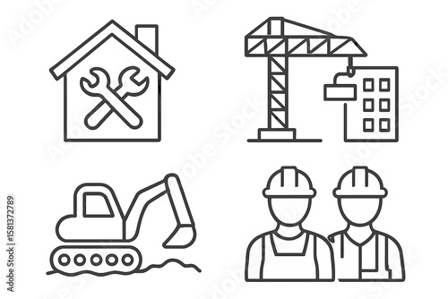 Construction line icon set for web and mobile app. Building industry vector symbols. Features home repair tools, building crane, land excavator, and builder worker avatars.