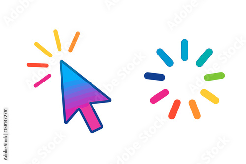 Colorful mouse cursor click and rainbow loading icon vector. Gradient arrow pointer with glow effect. UI UX design element for web, mobile app, animation, digital interface concept