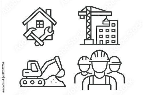 Construction icons collection. Building industry, home repair, real estate, and engineering outline symbols. Includes crane, excavator, worker team, and tools. Vector set for web.