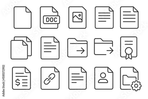 Document and file web icon set in thin line style. Collection of linear symbols: format, image, text, paper, folder, certificate, invoice, share, link, user, settings.