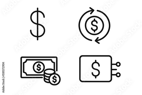 Dollar icon set of 4 web icons in thin line style. A linear vector collection of money concepts: dollar sign, currency exchange, cash, coins, digital payment, finance, banking.