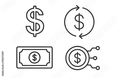Dollar money icon set in thin line style. Vector graphic collection of finance concepts. Includes dollar sign, currency exchange, cash banknote, digital coin, and payment symbols.