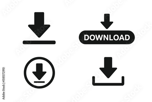 Download icons set. Black arrow symbols for file download. Button for software, app, or website interface. Vector illustrations with glossy dark background. UI UX elements