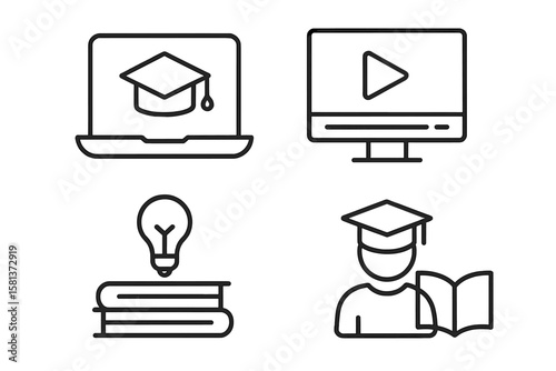 Education line icon set. E-learning, online course, webinar, video tutorial, study, knowledge, student concepts. Vector pictograms for web, mobile app, and distance learning.