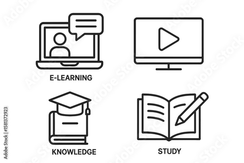 Education set of 4 web icons in line style, e-learning and online study symbols, video tutorial, knowledge, school, university, webinar, digital learning, education app icons