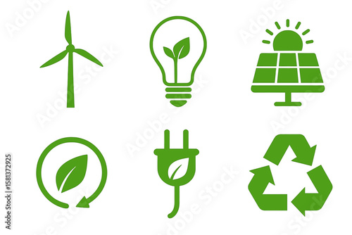 Green energy eco icons set with wind turbine, solar panel, LED light bulb, electric plug, recycle arrows, leaf symbol. Sustainable energy and environmental conservation concept vector