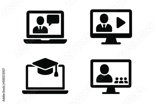 E-learning icon set for online education. Distance learning, video tutorial, webinar, school, university concept. Solid glyph icons for virtual classroom and web mobile app.