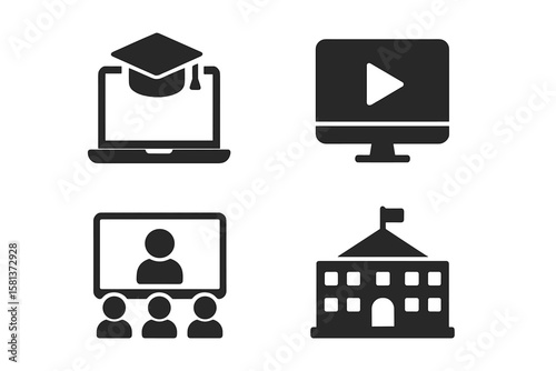 E-learning web icon set. Online education, distance learning, video tutorial, online lecture, school, university, webinar concepts. Solid glyph icons for web and mobile app.