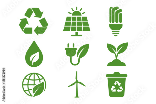 Eco icons set green energy symbols. Recycle, solar panel, wind turbine, LED light, leaf plug, sustainable water, globe, plant growth, renewable energy, waste management vector pack