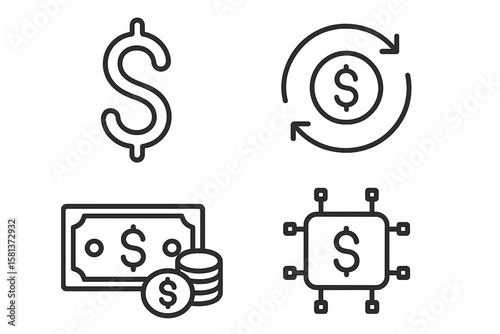 Set of money line icons. Dollar sign, currency exchange, cash, bank note, coins, and fintech chip symbols. Business and finance concept. Vector illustration collection.