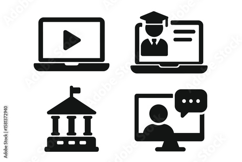 E-learning icon set. Online education concept. Distance learning, video tutorial, online lecture, school, university, webinar symbols. Solid web and mobile app icons.