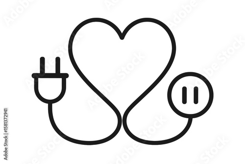 Electric love connection symbol. Plug and socket with cable shaped like heart. Vector icon for energy, relationship, connection, romance, charging, emotion. Black minimalist design