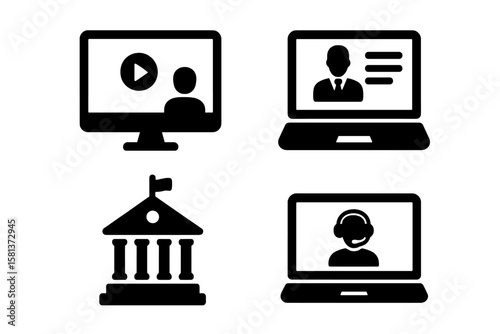 E-learning set of 4 web icons, online education symbols for web and mobile apps, distance learning, video tutorial, online lecture, school, university, webinar, solid style