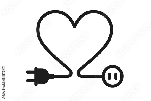 Electric plug and socket forming heart shape cable. Love and connection concept. Vector illustration. Power relationship symbol. Energy connection metaphor. Modern black background design