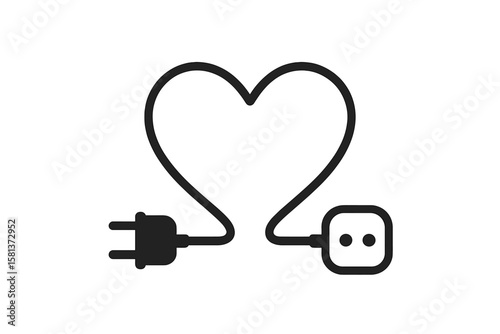 Electric plug and socket connected by cable in heart shape. Love energy concept. Romantic power connection. Symbol of technology affection. Vector illustration for Valentine design