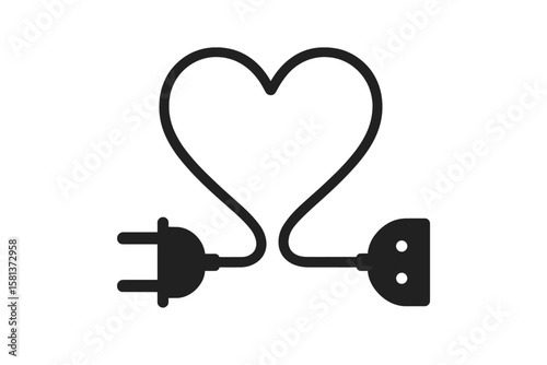Electric plug and socket cable forming heart shape. Love connection energy metaphor. Romantic electricity symbol. Power cord in love concept. Vector icon on dark gradient background